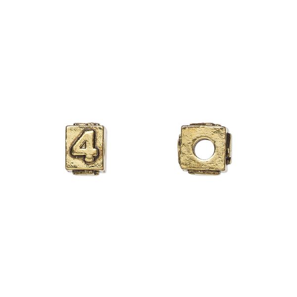 Bead, antique gold-plated pewter (tin-based alloy), 8x6mm rectangle with number "4." Sold per pkg of 4. image number 0