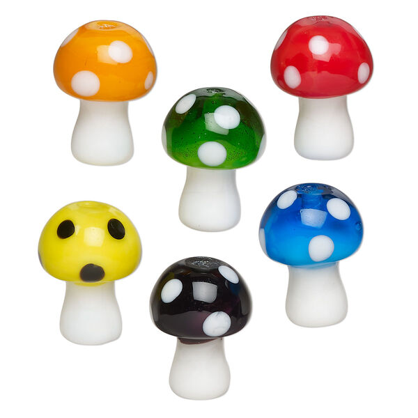 Bead assortment, lampworked glass, opaque white and mixed colors, 16.5x12mm mushroom. Sold per pkg of 6. image number 0
