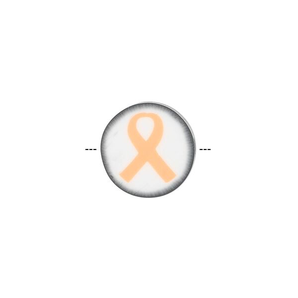 Bead, polymer clay, white / black / orange, 14mm double-sided flat round with awareness ribbon. Sold per pkg of 30. image number 0