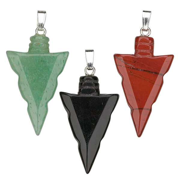 Multi-gemstone / brass 1pkg100, silver-plated arrowhead pendant mix 30x17mm image number 0