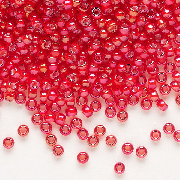Seed bead, Miyuki, glass, pkg/50g, #8 rocaille, opaque white-lined luster flame red, (RR-3762). image number 0