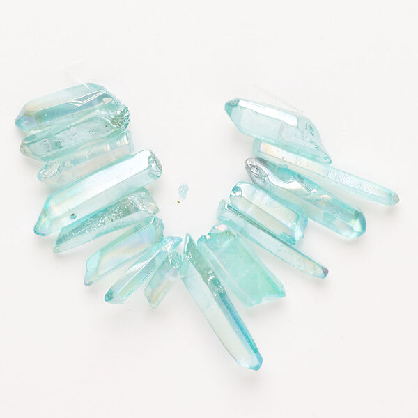 Bead, quartz crystal (coated), green aqua AB, 10x3mm-38x7mm top-drilled point, Mohs hardness 7. Sold per 3-inch strand, approximately  15 beads. image number 0