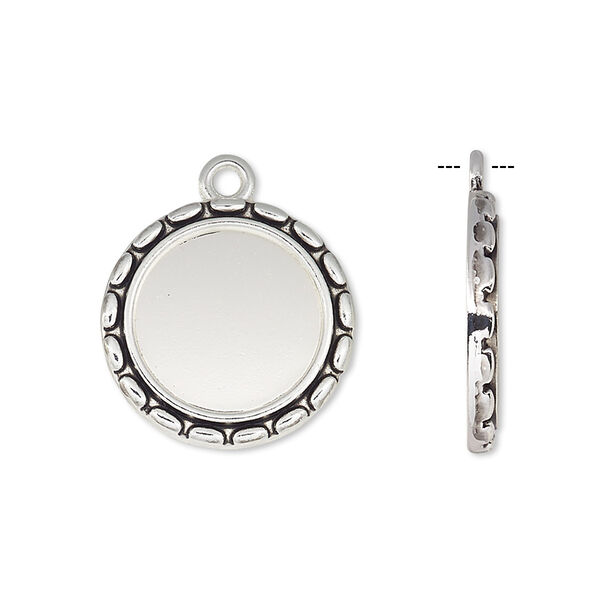 Drop, antique silver-finished "pewter" (zinc-based alloy), 19mm round with oval edge and 14mm round setting. Sold per pkg of 6. image number 0
