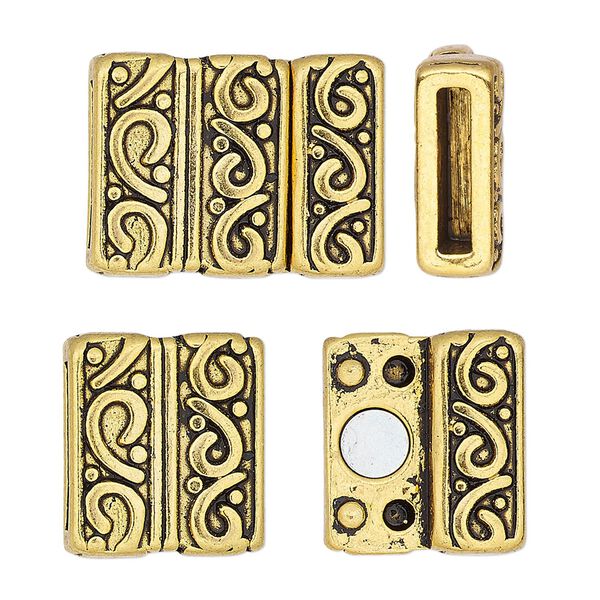 Clasp, magnetic, antique gold-finished "pewter" (zinc-based alloy), 21.5x16.5mm rectangle with swirl design and glue-in ends, 12x2mm inside diameter. Sold individually. image number 0