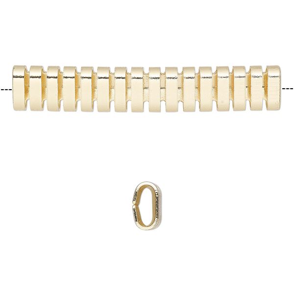Bead, gold-finished brass, 41.5x7mm cutout oval tube. Sold per pkg of 4. image number 0