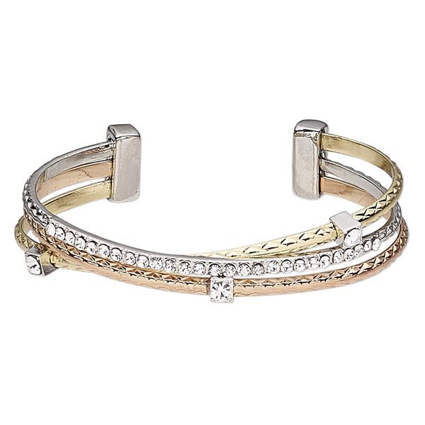 Bracelet, cuff, glass rhinestone / gold-finished / silver- / copper-plated brass / "pewter" (zinc-based alloy), clear, 13mm wide, adjustable from 6 to 6-1/2 inches. Sold individually. image number 0