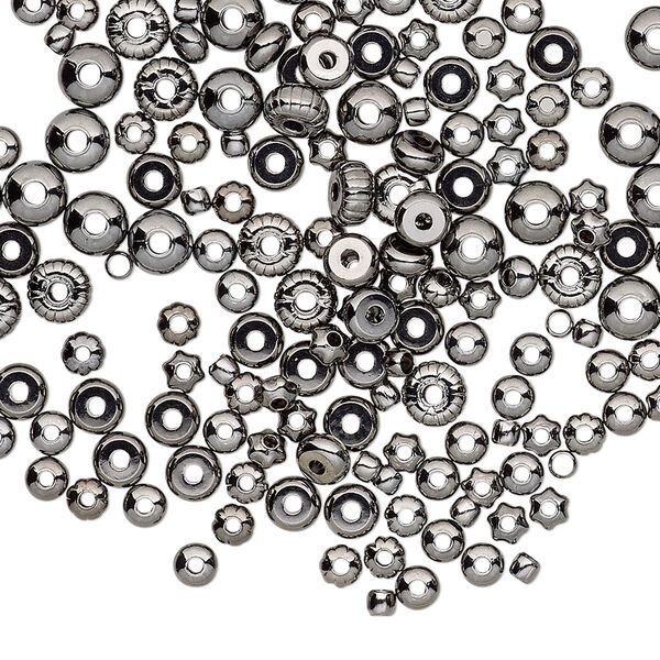 Bead, gunmetal-plated brass, 2mm-4.5x3mm assorted round and rondelle. Sold per pkg of 200. image number 0
