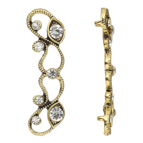 Spacer, antiqued gold-finished "pewter" (zinc-based alloy) and Czech glass rhinestone, clear, 45x13mm 2-strand with fancy design. Sold per pkg of 4. image number 0