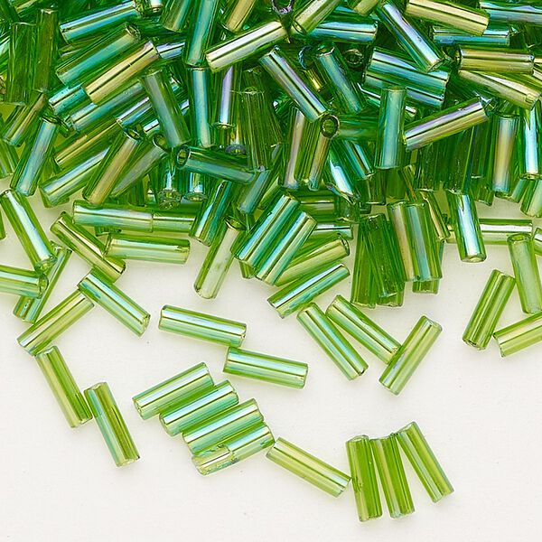 Bead, Preciosa Ornela Czech glass, bugle bead, pkg/50g, 1/4 inch, rainbow translucent lime green, (51430). image number 0