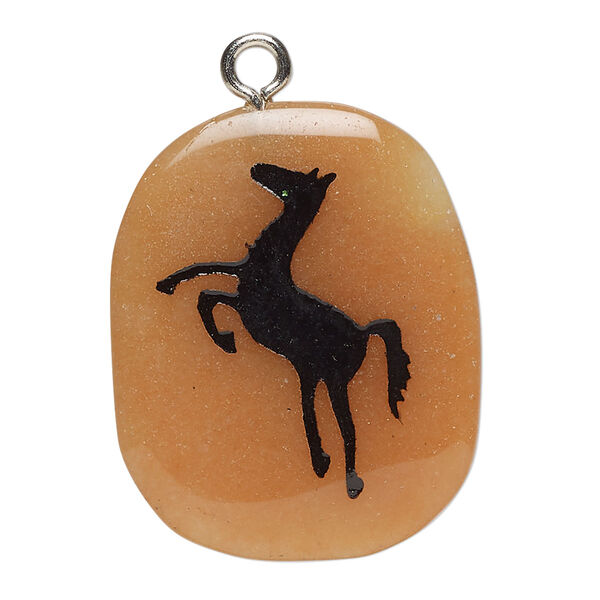 Focal 1pkg1 red aventurine / enamel / steel, 28x24-38x30mm single-sided freeform oval / horse B- grade, natural / silver finish image number 0