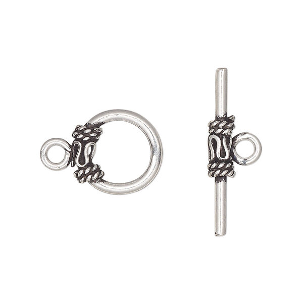Clasp, toggle, antiqued sterling silver, 13mm round with rope and wave design. Sold individually. image number 0