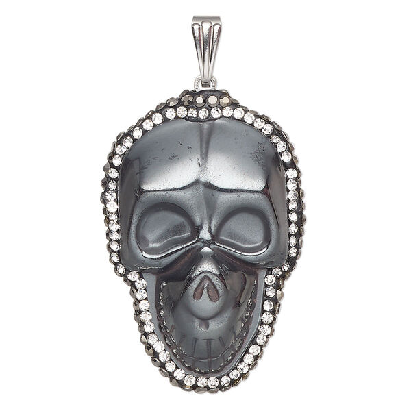 Hemalyke™ / brass / glass rhinestone 1pkg1, silver-finished 1-sided skull pendant 37x25mm image number 0