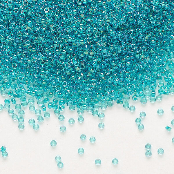 Seed bead, Miyuki, glass, pkg/250g, #15 rocaille, translucent teal-lined luster crystal clear (RR-3742). image number 0