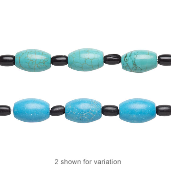 Bead mix, "turquoise" (imitation) resin and glass, light teal green / blue / black, 6x4mm-8x5mm barrel and 12x8mm-13x9mm oval. Sold per pkg of 7. image number 0