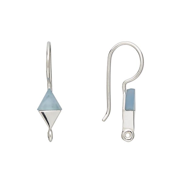 Ear wire, blue chalcedony (dyed) and sterling silver, 24mm fishhook with 10x6mm hand-cut diamond and closed loop, 19 gauge. Sold per pair. image number 0