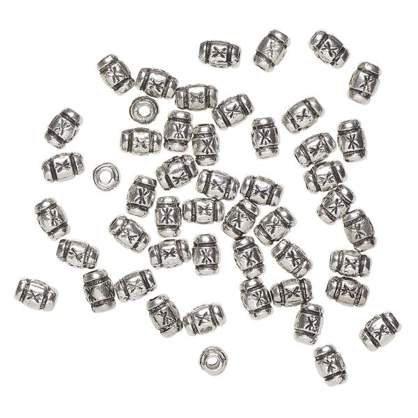 Bead, "pewter" (zinc-based alloy), pkg/50, 8x5mm textured barrel, antique silver finish. image number 0