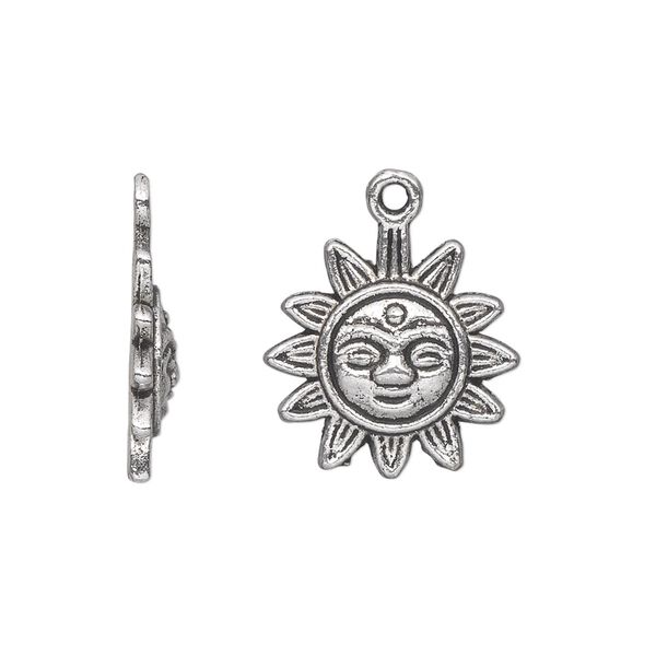 Charm, antique silver-plated "pewter" (zinc-based alloy), 17mm single-sided sun with face. Sold per pkg of 20. image number 0