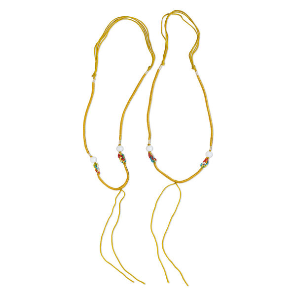 Necklace cord, macramé, jadeite (natural/dyed) and imitation silk, goldenrod and multicolored, 2-3.5mm wide with 5-1/2 inch dangle, 20 inches with slip knot closure. Sold per pkg of 2. image number 0