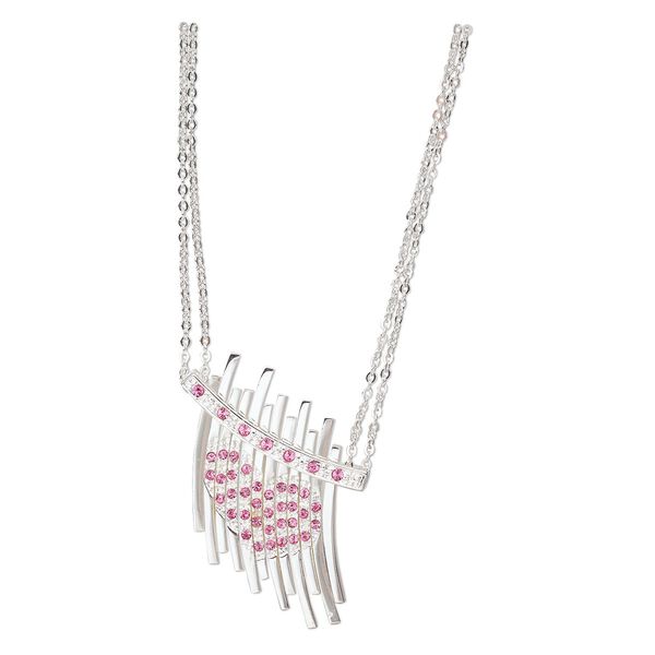 Necklace, silver-plated brass and glass rhinestones, pink and crystal clear, 34x32mm focal with heart design, 15" to 16" double cable chain with 3-inch extender chain and silver-plated brass lobster claw clasp. Sold individually. image number 0