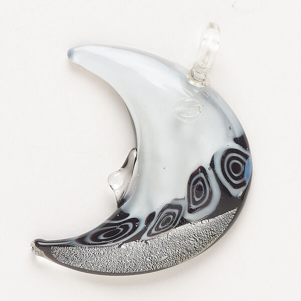 Focal, lampworked glass, opaque white / black / clear, 42x38mm-43x40mm moon face with silver-colored foil. Sold individually. image number 0