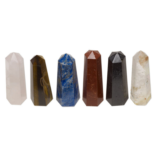Multi-gemstone 1pkg6, hand-cut undrilled 6-sided point tower gift natural C grade, assortment 2.5x0.75 to 3x1 inch image number 0