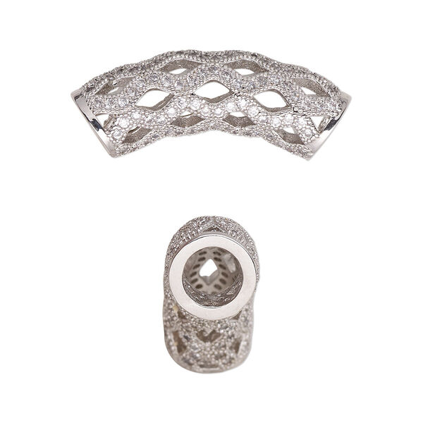 Bead, cubic zirconia and silver-plated brass, clear, 29x8mm curved tube with cutout diamond design. Sold individually. image number 0
