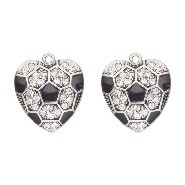 Charm, antique silver-finished "pewter" (zinc-based alloy) and glass, clear and black, 23x22mm single-sided heart with "soccer ball pattern". Sold per pkg of 2. image number 0