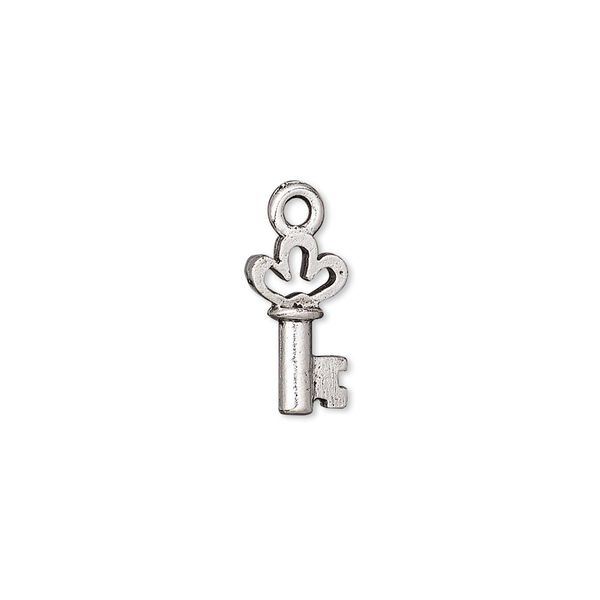 Charm, antique silver-plated pewter (tin-based alloy), 15.5x7mm double-sided key. Sold per pkg of 2. image number 0