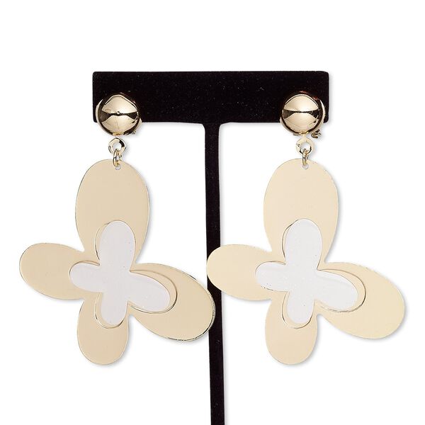 Earring, paper / acrylic / rose gold-finished steel, clear and white with silver-colored glitter, 3 inches with butterfly and post with latch. Sold per pair. image number 0