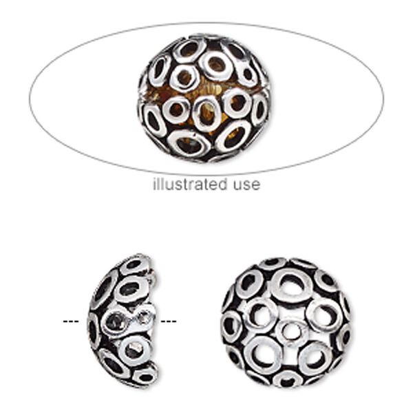 Bead cage, antique silver-plated "pewter" (zinc-based alloy), 14mm round with circle cutout design, fits up to 10mm bead. Sold per 2-piece set. image number 0