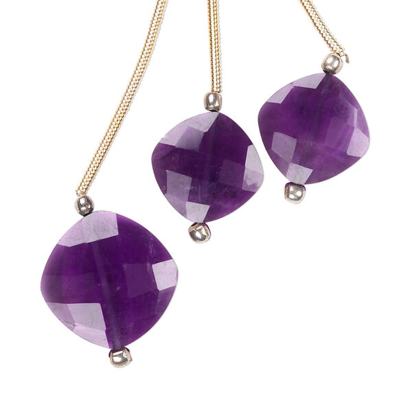 Amethyst 1pkg3, hand-cut checkerboard-faceted puffed diamond bead natural B grade, 14mm / 11mm image number 0