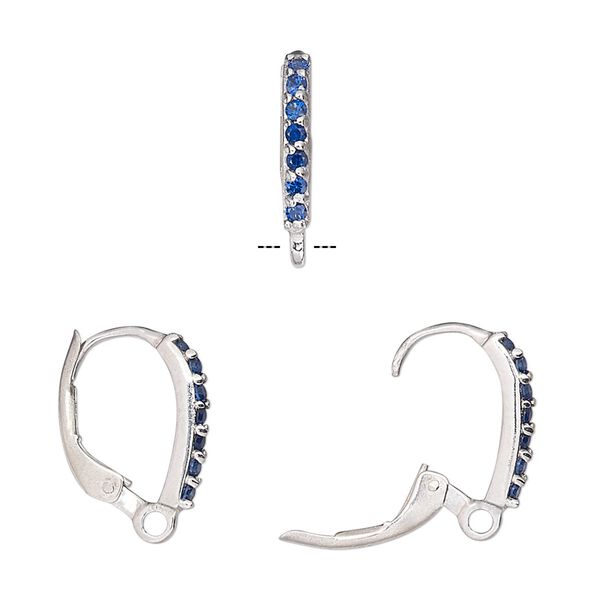 Ear wire leverback 1pkg2 sterling silver / cubic zirconia, 16mm / closed loop, blue 1 pair image number 0