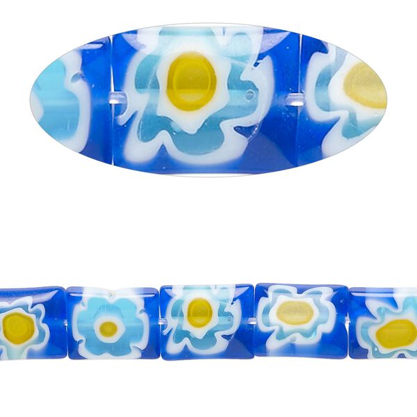 Bead, millefiori glass, translucent cobalt blue / white / multicolored, 9x7mm-10x8mm puffed rectangle. Sold per 14-inch strand, approximately 35 beads. image number 0