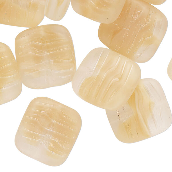 Bead, pressed, frosted glass, translucent peach and white, 15-16mm textured puffed square. Sold per 2-ounce pkg, approximately 20 beads. image number 0