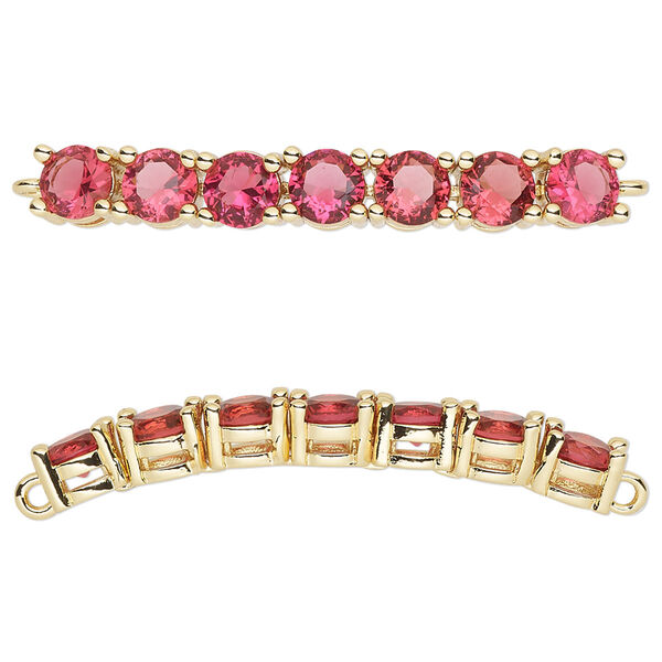 Focal, cubic zirconia and gold-plated brass, fuchsia, 40x5mm curved rectangle. Sold individually. image number 0