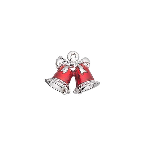 Charm, enamel and silver-plated "pewter" (zinc-based alloy), red, 16.5x12mm double-sided bells with bow. Sold individually. image number 0