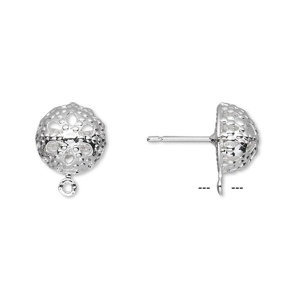 Earstud 1pkg10 silver-plated, 10mm filigree domed / closed loop, brass / stainless steel 5 pair image number 0