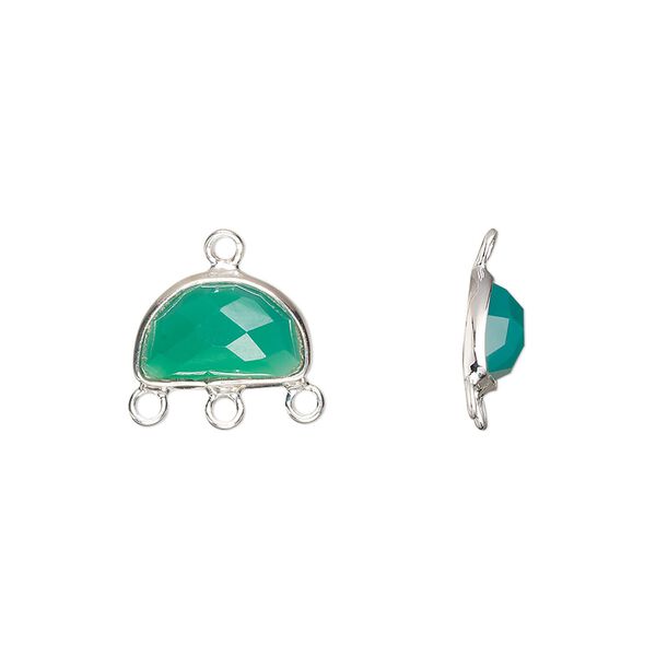 Drop, sterling silver and green onyx (dyed), 13x9mm hand-cut single-sided faceted half moon with 3 closed loops, Mohs hardness 6-1/2 to 7. Sold individually. image number 0