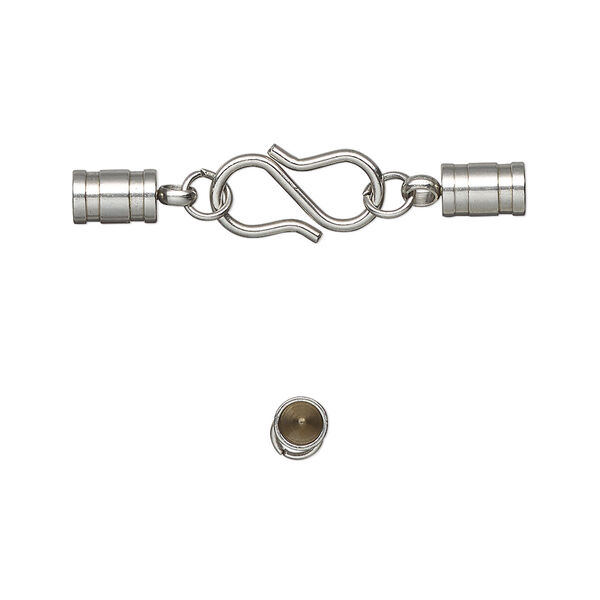 Clasp, S-hook, stainless steel, 32x7mm clasp with 13x7mm hook and 6x5mm glue-in tube ends, 3mm inside diameter. Sold individually. image number 0