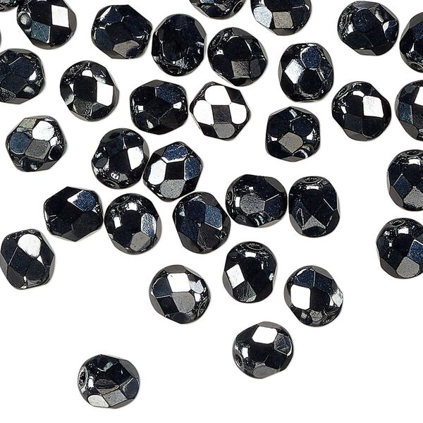 Czech fire-polished glass 1pkg1, faceted round bead opaque hematite 1 mass 6mm image number 0