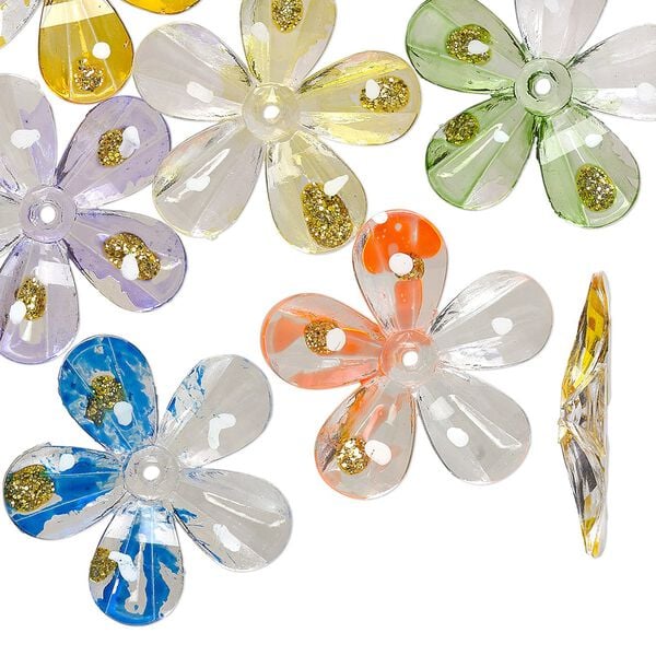 Bead, acrylic, assorted colors with gold-colored glitter, 30x30mm flower with painted design. Sold per pkg of 24. image number 0