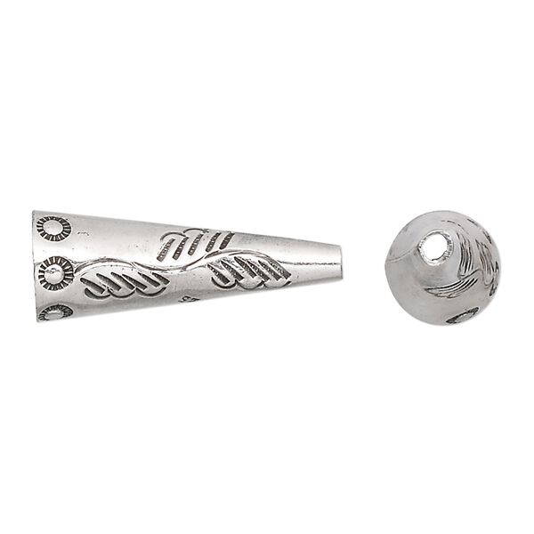 Cone, Hill Tribes, antiqued sterling silver, 24x9mm-25x9mm with line and circle design, 8mm inside diameter. Sold individually. image number 0