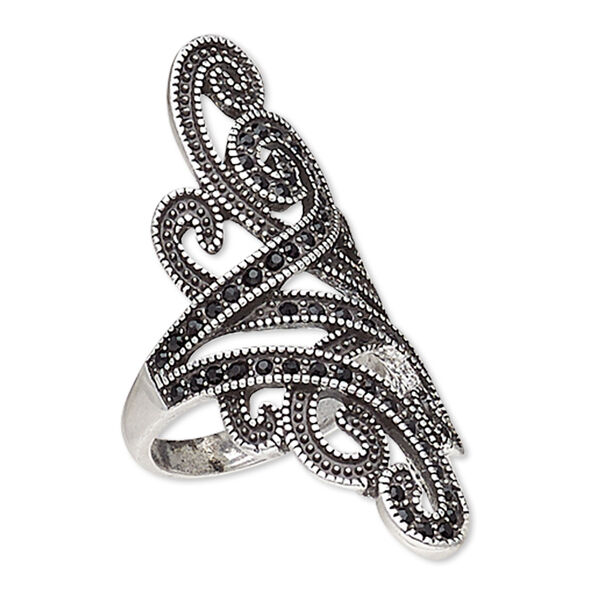 Ring, Austrian crystal and antique silver-plated "pewter" (zinc-based alloy), black, 45mm wide with swirl design, size 8. Sold individually. image number 0
