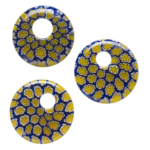 Component, millefiori glass, translucent multicolored, 24-26mm undrilled go-go with flower design. Sold per pkg of 3. image number 0