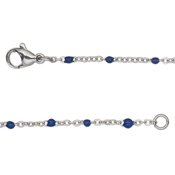Chain, stainless steel and enamel, blue, 1.7mm flat cable with 2mm ball, 24 inches with lobster claw clasp. Sold individually. image number 0