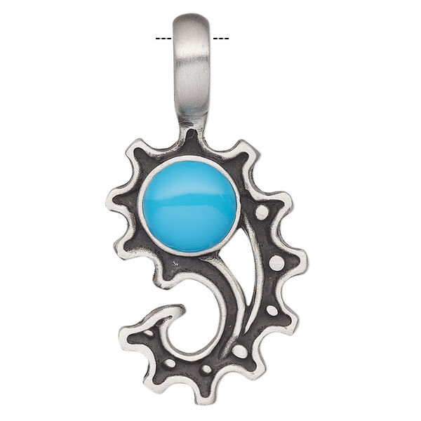 Pendant, Powerful Pewter Pendants, "turquoise" (resin) (imitation) and antiqued pewter (tin-based alloy), blue, 42x21mm single-sided paisly-shaped gear with 6mm hole. Sold individually. image number 0