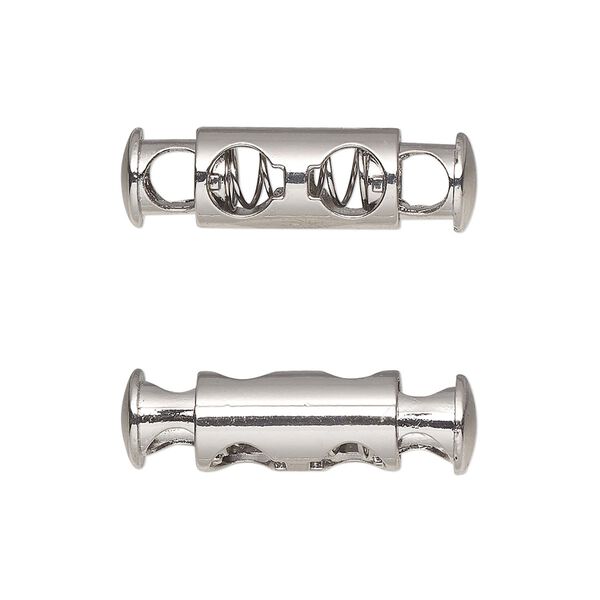 Cord lock, imitation rhodium-plated plated "pewter" (zinc-based alloy) and steel, 26x7.5mm round tube with (2) holes. Sold per pkg of 6. image number 0