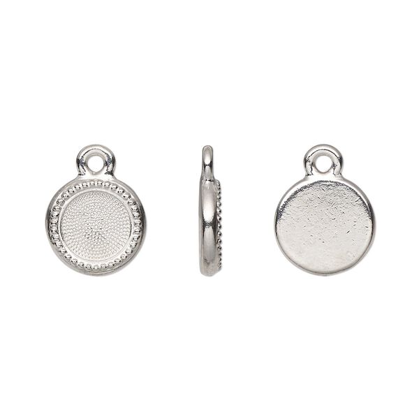 Drop, TierraCast®, Almost Instant Jewelry®, white bronze-plated pewter (tin-based alloy), 10mm round with beaded edge and SS34 round glue-in setting (2088). Sold per pkg of 20. image number 0