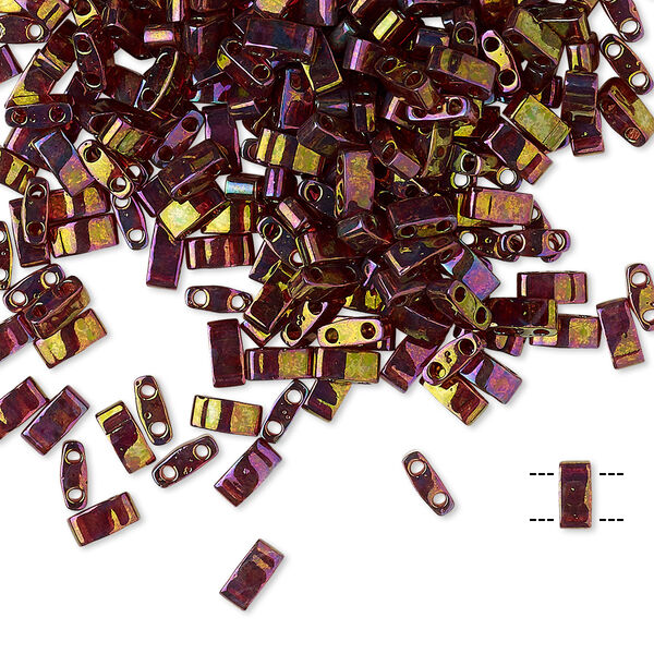 Seed bead, TILA®, glass, pkg/40g, 5x2.3mm half tila rectangle, translucent rainbow gold luster dark topaz, (HTL-301). image number 0