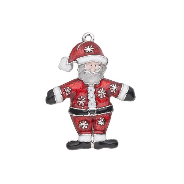 Charm, enamel and silver-plated "pewter" (zinc-based alloy), red / white / black / peach, 26x21.5mm single-sided standing Santa with snowflake design. Sold individually. image number 0